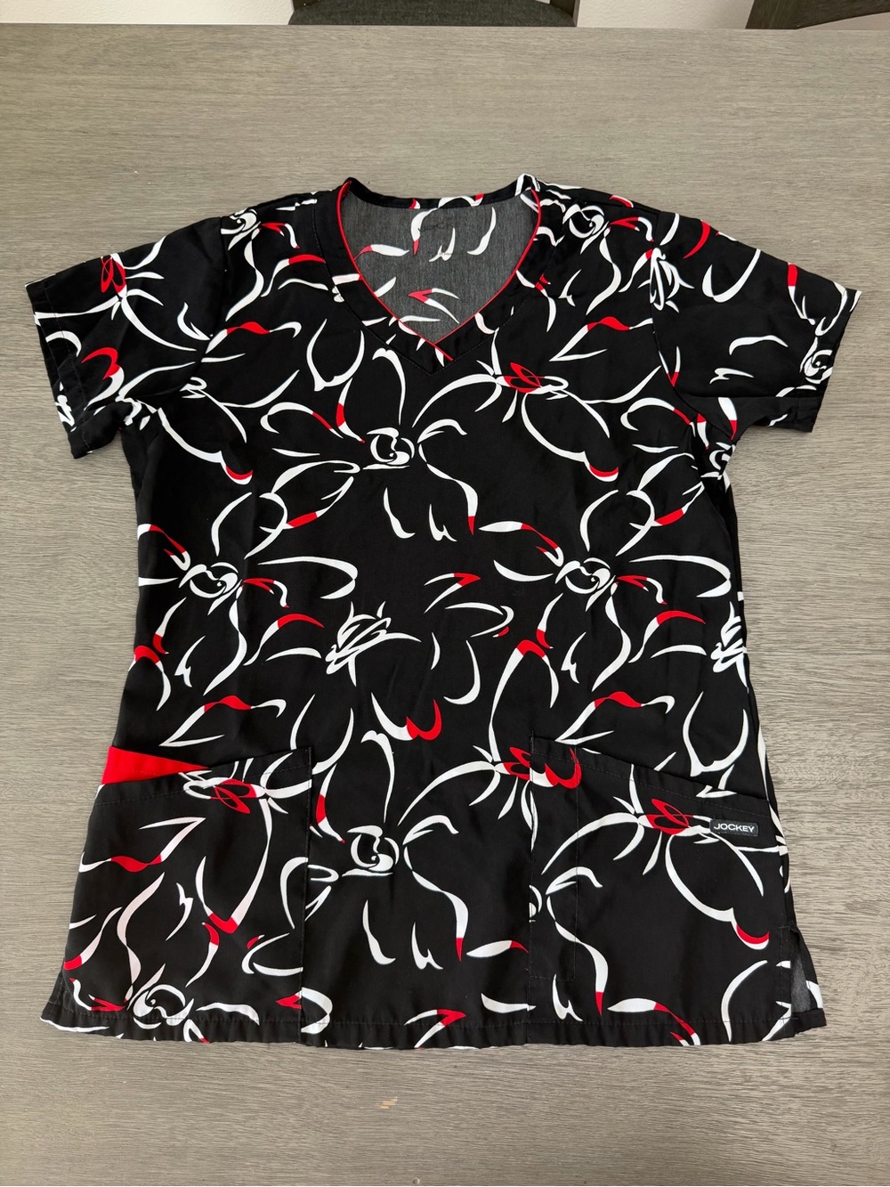 Jockey Black V-Neck Floral Print Scrub Top with White & Red Accents